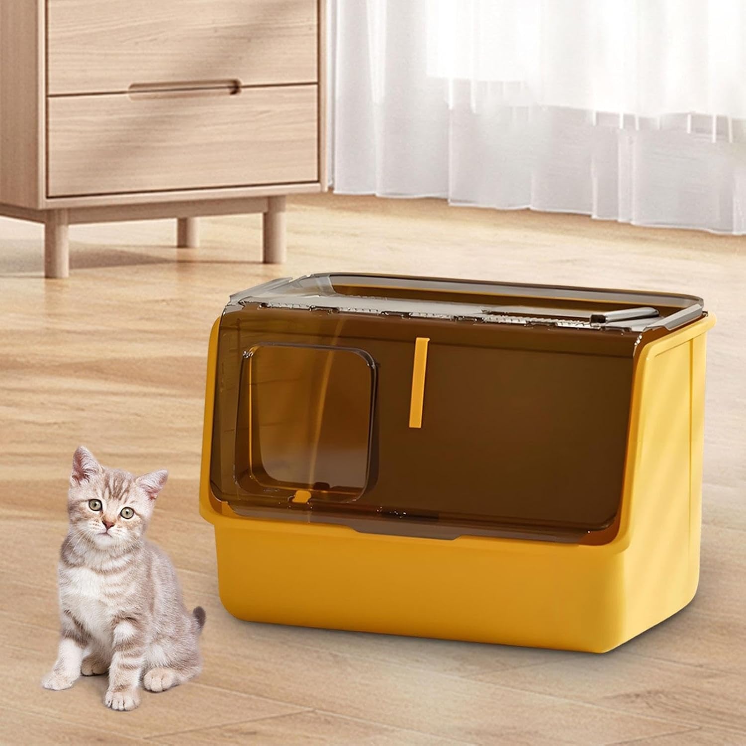 hooded-cat-litter-box-enclosed-covered-toilet-container-sturdy-deep-pan-portable-pet-supplies-kitten-potty-yellow