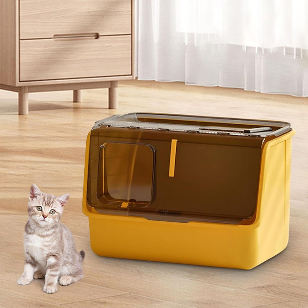 Hooded Cat Litter Box Enclosed Covered Toilet Container Sturdy Deep Pan Portable Pet Supplies Kitten Potty- Yellow3