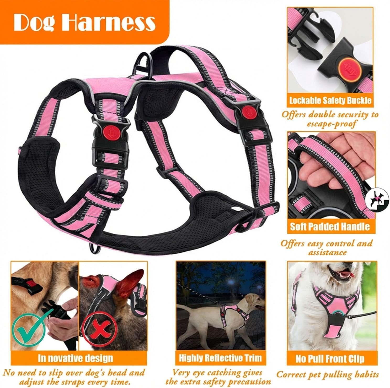 lobeve-no-pull-dog-harness-collar-leash-set-includes-dog-seat-belt-collapsible-bowls-poop-bag-dispenser-ideal-for-training-walking-hiking-fits-small-to-large-dogspink-l