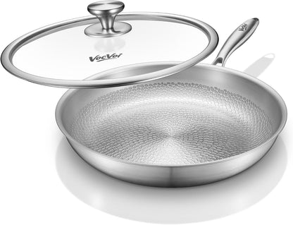 Titanium Pans for Cooking with Lid,12" Nonstick Pro Frying Cookware | Uncoated Hammered Pure Titanium, PFOA/PFAS/PTFE Free Skillets, Induction & Oven-Safe, Compatible with All Cooktops1