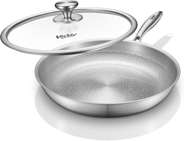 Titanium Pans for Cooking with Lid,12" Nonstick Pro Frying Cookware | Uncoated Hammered Pure Titanium, PFOA/PFAS/PTFE Free Skillets, Induction & Oven-Safe, Compatible with All Cooktops1
