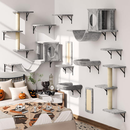 12-In-1 Cat Wall Shelves, Wall Mounted Cat Climber | with Condo House, Scratching Post, Bridge Ladder, Space-Saving Indoor Play Furniture for Kittens, Black12