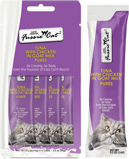 Fussie Cat Premium Tuna with Salmon in Goat Milk Puree, Lickable Cat Treats, 0.5Oz Pouch Pack of 410
