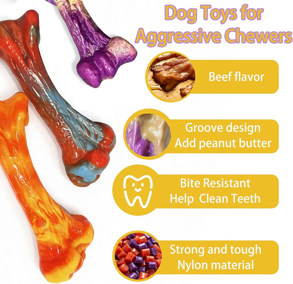 3-Pack Dog Chew Toys for Aggressive Chewers, Indestructible Bone | Tough Dog Toys for Medium Large Breed to Keep Them Busy,Dental Textured, Long Lasting,Beef Flavor6
