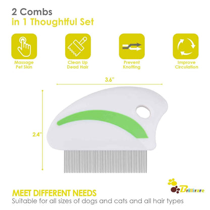 2 Pack Flea Lice Comb, Stainless Steel Dog Cat Grooming Combs with Rounded Teeth, Professional Pet Tear Stain Remover, Dematting Tool for Small, Medium & Large Pets2