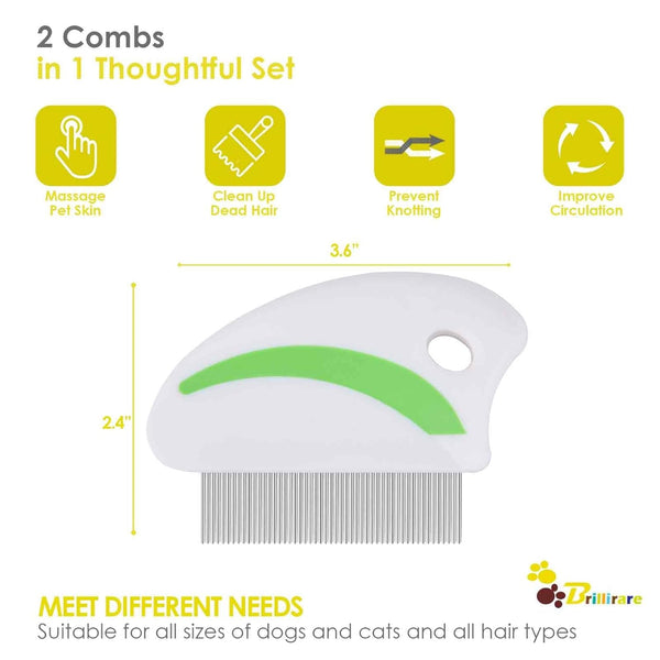 2 Pack Flea Lice Comb, Stainless Steel Dog Cat Grooming Combs with Rounded Teeth, Professional Pet Tear Stain Remover, Dematting Tool for Small, Medium & Large Pets2