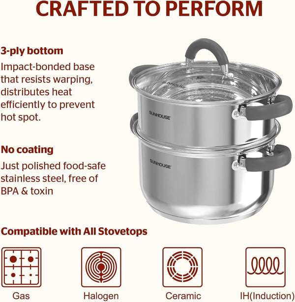 : 3 Quart Stainless Steel Steamer Pot - 2-Tier Cookware, Tempered Glass Lid, Stay-Cool Silicone Handles, 3-Ply Bottom, Dishwasher & Oven Safe | Steaming Pot with Glass Lid & Steamer Basket4