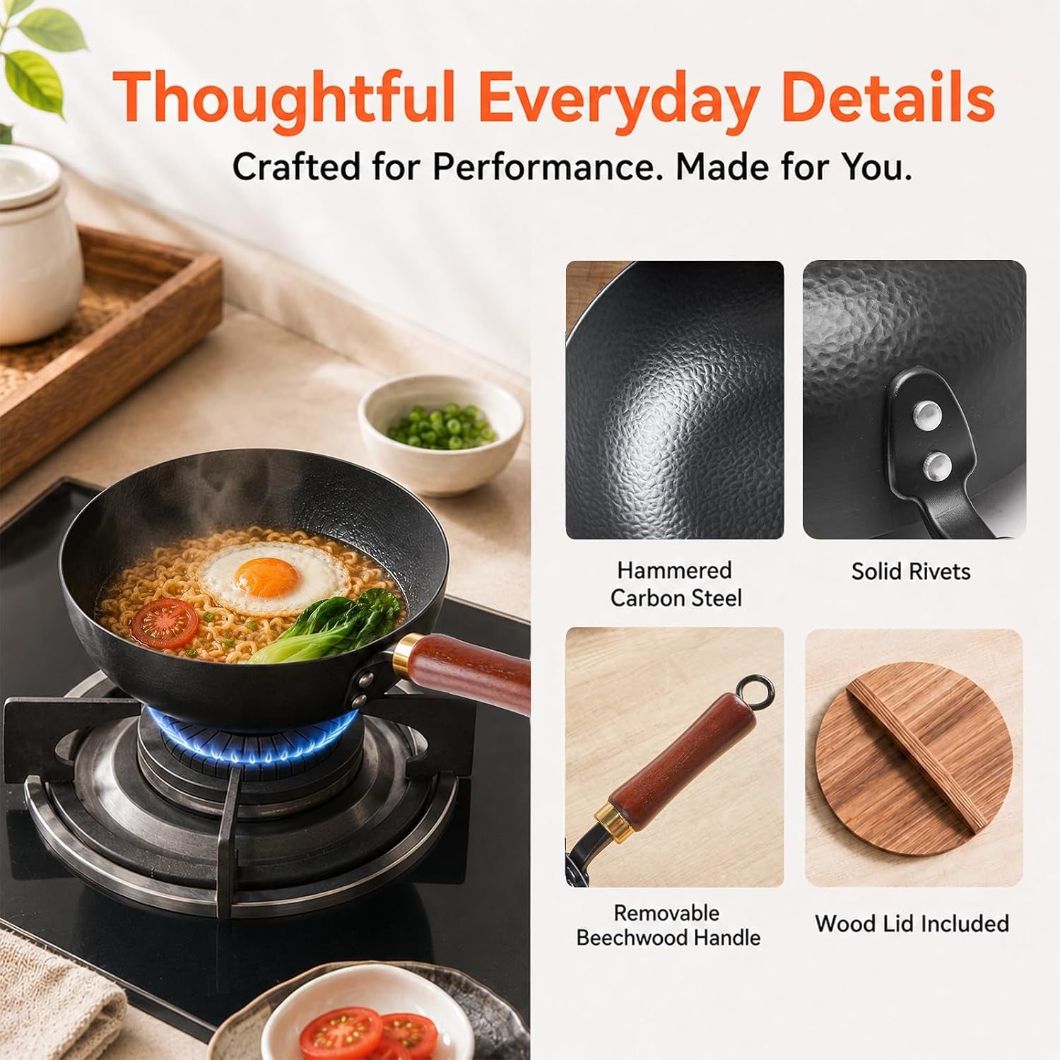 8-inch-carbon-steel-wok-with-lid-flat-bottom-gas-and-induction-hammered-carbon-steel-1-6-qt-capacity-removable-beechwood-handle-uncoated-for-noodles-eggs-sauces-and-1-2-servings
