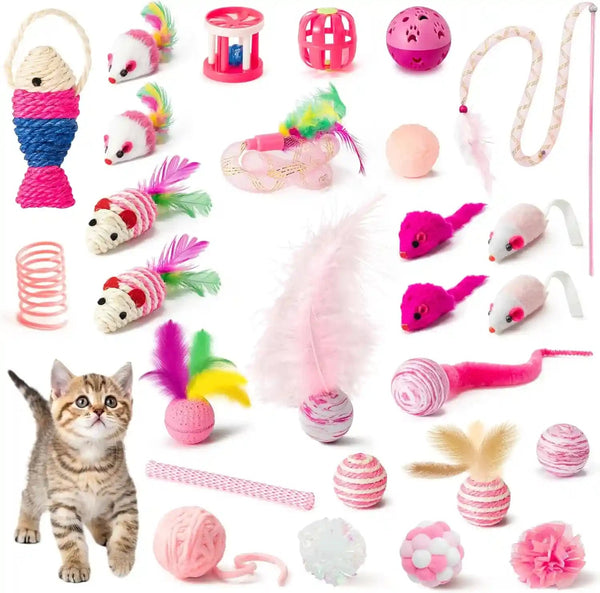 MALLMALL6 10Pcs Cat Toy Set Interactive Cat Toys Pack Including Feather Teaser Wand Cat Springs Mice Crinkle Balls and Pet Bell Balls, Puzzle Toys for Indoor Cats Gift (Pink)8