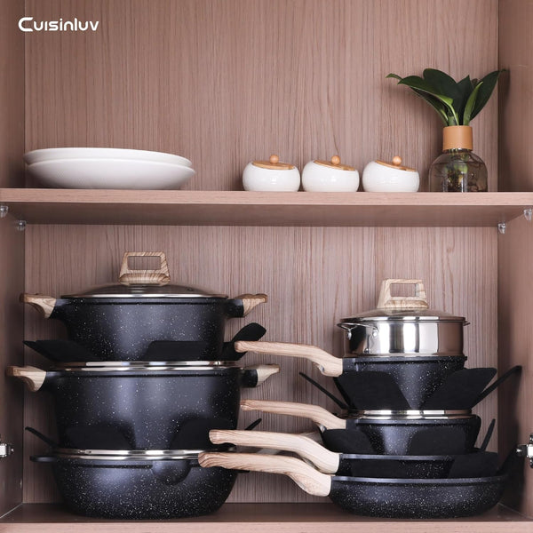 Pots and Pans Set, Nonstick Kitchen Cookware Sets，23Pcs Black Granite Induction Non-Toxic Healthy Kitchen Cooking Set W/Frying Pans, Saucepans, Griddle, Eggpan（Pfos, PFOA Free）9