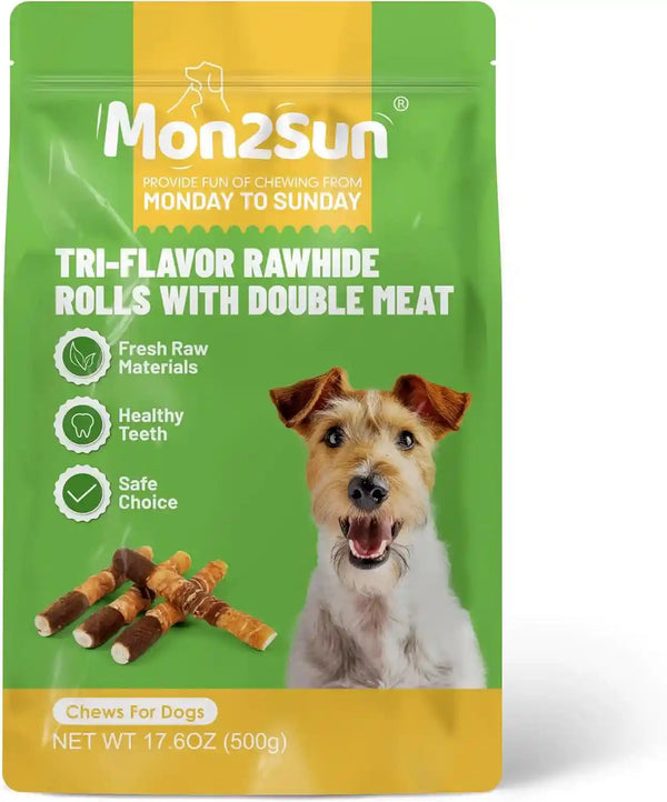 MON2SUN Dog Treats, 6 Inch Triple Flavor Wrapped Rawhide Rolls, 17.6 Oz | 10 Count Pack, Chicken Liver, Duck and Chicken Recipe, Teeth Cleaning Chews, Sized for Medium Dogs8