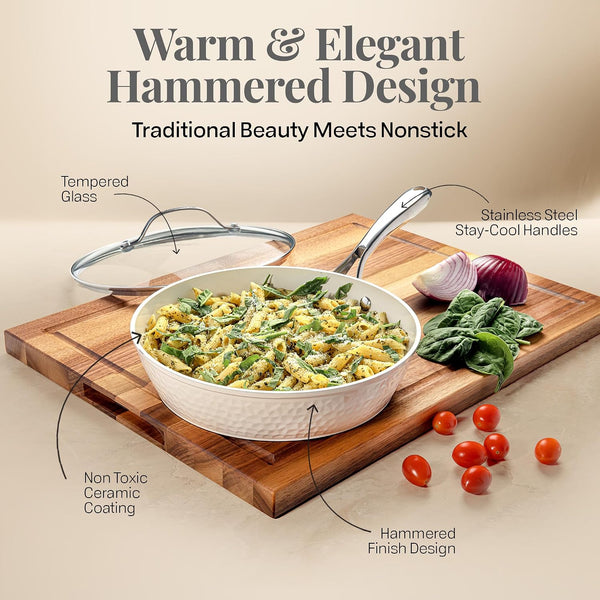 Hammered 10 Inch Non Stick Frying Pans with Lid, Frying Pans Nonstick with Lid, Non Toxic PFOA PFOS Free, Skillet Pan for Cooking, Induction Oven and Dishwasher Safe – Cream2
