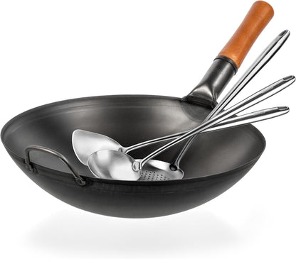 Carbon Steel Wok Pan - 14 “ Woks and Stir Fry Pans plus 17" Wok Spatula and Ladle Skimmer Spoon - Stainless Steel Cooking Utensils Set of 31