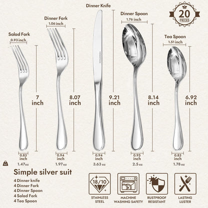 18/10 Stainless Steel Silverware Set for 4, 20 Piece Teardrop Flatware Set |  Heavy Cutlery Set, Mirror Polished Knives Forks and Spoons Utensils, Dishwasher Safe for Home Kitchen Wedding2