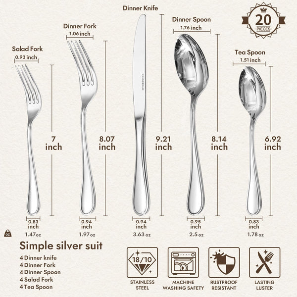 18/10 Stainless Steel Silverware Set for 4, 20 Piece Teardrop Flatware Set |  Heavy Cutlery Set, Mirror Polished Knives Forks and Spoons Utensils, Dishwasher Safe for Home Kitchen Wedding2
