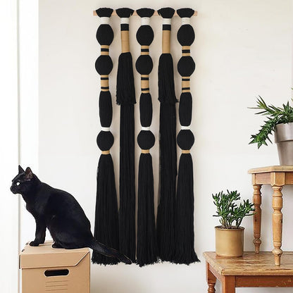 Macrame Wall Hanging Black Spherical Tassel Geometric Wall Art 15.7"W*39"L | Black Wall Art, Boho Style Piece, Modern Home Accent, Bedroom Hanging Decor, for Living Room, Apartment Interior Touch1