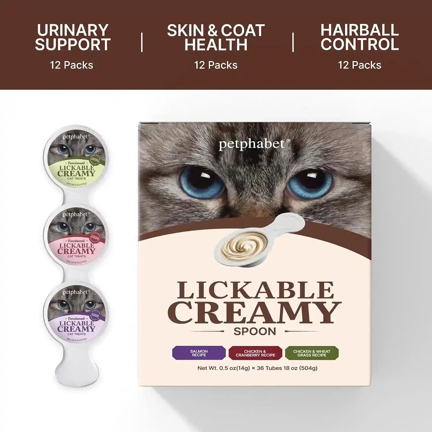 petphabet-lickable-cat-treats-spoon-3-flavors-variety-pack-36-count-creamy-puree-kitten-treat-functional-wet-paste-skin-coat-support-hairball-relief-urinary-health-grain-free-with-taurine