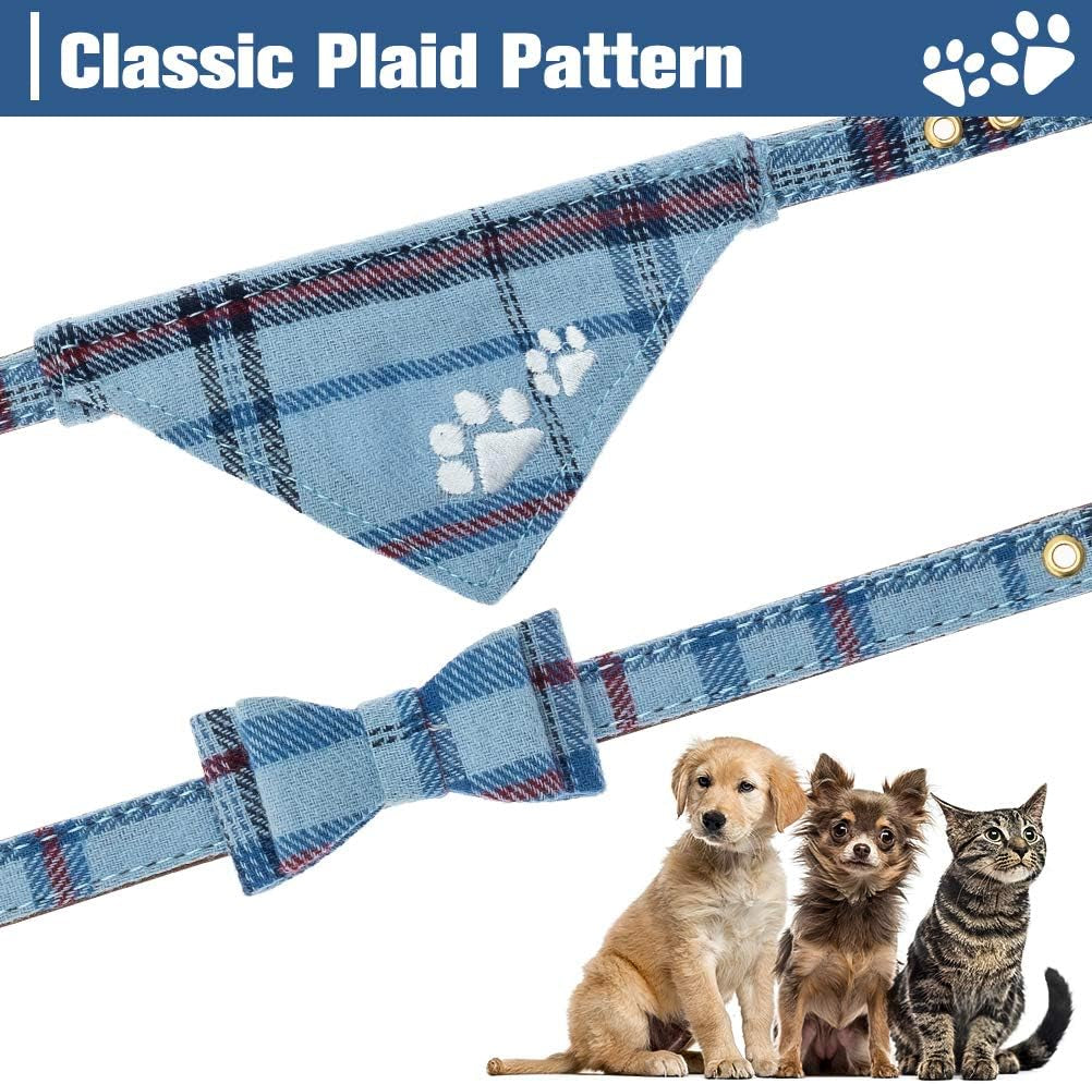 expawlorer-puppy-collar-and-leash-set-embroidery-pawprints-plaid-dog-collar-and-dog-leash-set-bow-tie-and-bandana-dog-collar-with-bell-cute-collar-and-leash-for-dogs-cats-outdoor-walking-blue-s