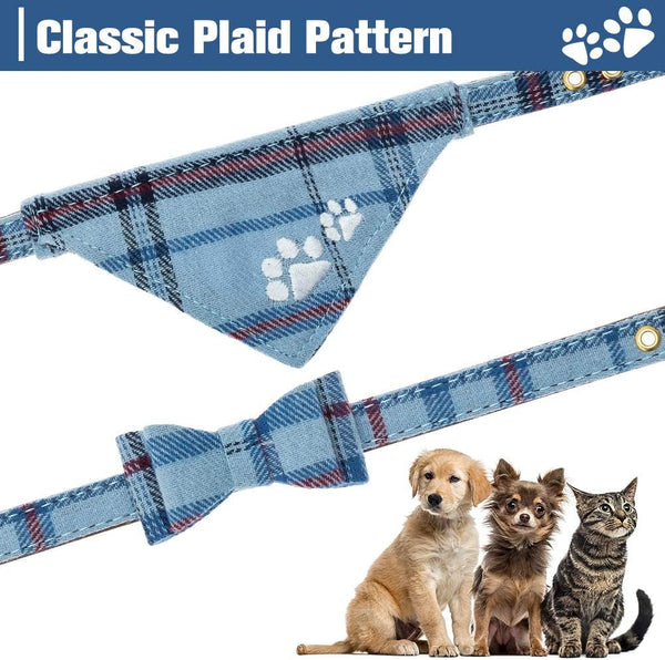 EXPAWLORER Puppy Collar and Leash Set - Embroidery Pawprints Plaid Dog Collar and Dog Leash Set, Bow Tie and Bandana Dog Collar with Bell, Cute Collar and Leash for Dogs Cats Outdoor Walking, Blue S4