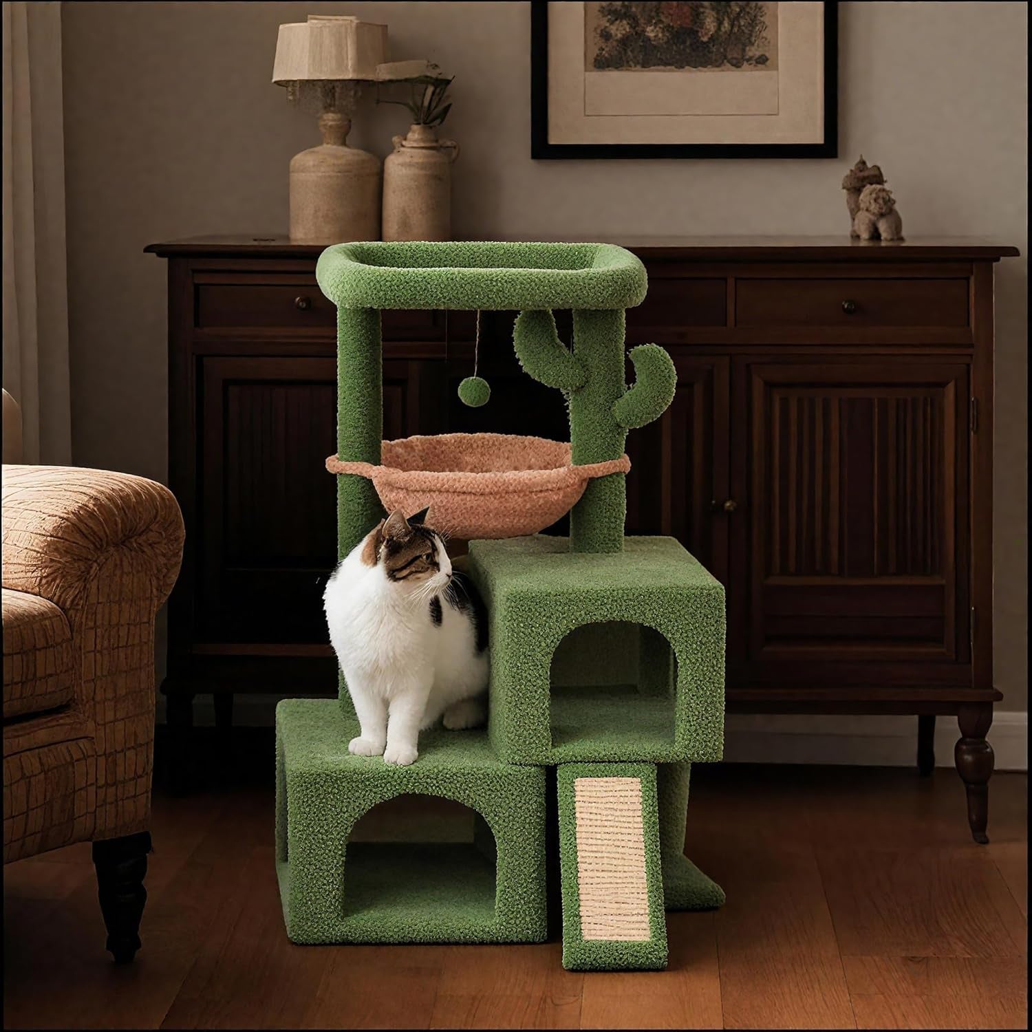 aiwikide-37-4-cactus-cat-tree-tower-with-twin-cat-condos-for-indoor-cats-all-in-one-activity-center-with-cat-scratching-post-cozy-sleeping-perch-hammock-and-toy-balls-green