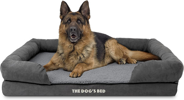 The Dog’S Bed Orthopedic Memory Foam Dog Bed with Bolsters for Large Dogs, High Density Support Mattress, Low Front Entry, Removable Washable Cover, Oxford Fabric, Blue with Dark Red Trim, Large23