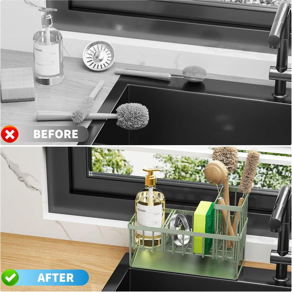 Kitchen Sink Caddy, Sponge Holder for Kitchen Sink, Kitchen Sink Organzier and Storage with High Brush Holder, 304 Stainless Gadgets Sink Accessories, Organizadores De Cocina Sage Green6