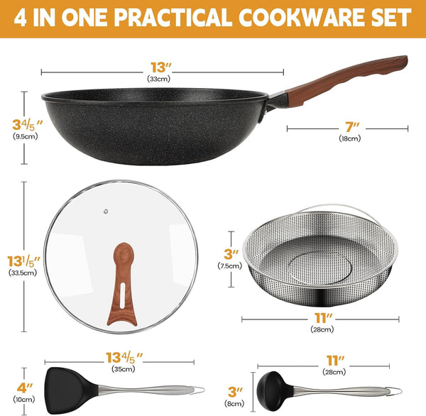 Nonstick Wok with Lid, 13 Inch Woks & Stir-Fry Pan 100% PFOA Free | Granite Stone Coating for Cooking, Induction Wok Pan for Electric, Gas, Halogen, All Stoves2