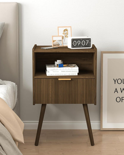 Nightstand,Modern Bedside Table with Storage Drawer and Open Wood Shelf, for Living Room, Bedroom and Small Spaces, Accent Night Stand with Solid Wood Legs, Easy Assembly,Walnut Brown8