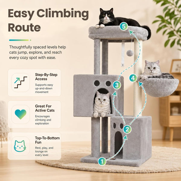 Small Cat Tree Tower for Indoor Cats, 40 in Medium Cat Bed Scratching Posts | Multi Level Compact Kitty Kitten Houses Climbing Trees Stands with 2 Condos Sisal Post Perch Platform Hammock Plush Toy Balls9