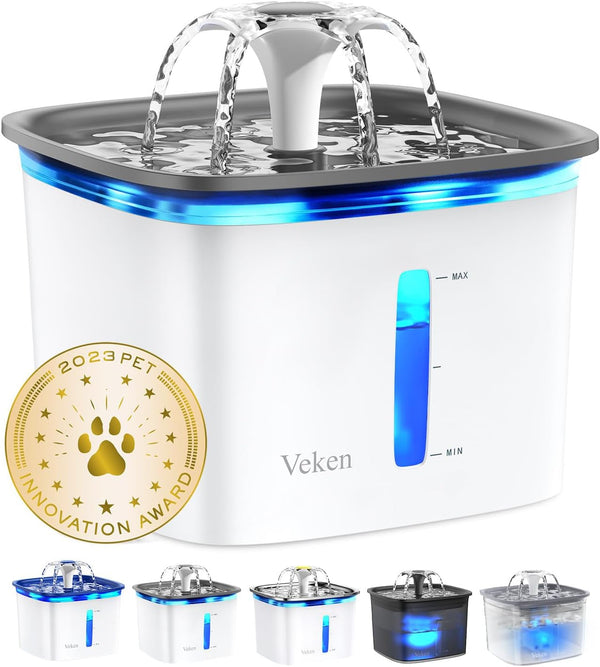 Veken Innovation Award Winner 95Oz/2.8L Cat Water Fountain | Automatic Pet Fountain Dog Water Dispenser with Replacement Filters & Silicone Mat, Gift for Cats, Dogs, Multiple Pets (Grey)1