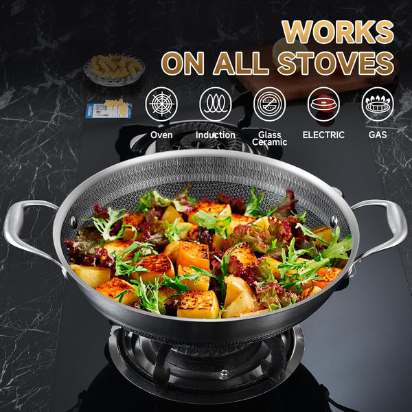 Hybird Nonstick Wok Pan with Lid | 13-Inch | Rivented Handle | Non Toxic | Tri-Ply Stainless Steel | Ceramic Coating | Stir Fry Pan | Induction Compatible | Dishwasher & Oven Safe3