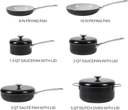 Sur La Table Kitchen Essentials Potluck Porch 10 Piece PFA Free Ceramic Non Stick Interior Forged Aluminum Cookware Pots and Pans Set W/Aluminum Lids - Black - Induction Compatible3