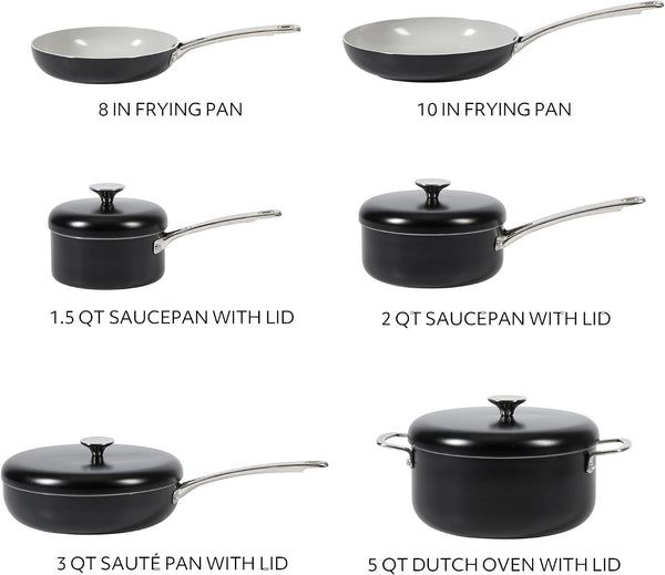 Sur La Table Kitchen Essentials Potluck Porch 10 Piece PFA Free Ceramic Non Stick Interior Forged Aluminum Cookware Pots and Pans Set W/Aluminum Lids - Black - Induction Compatible3