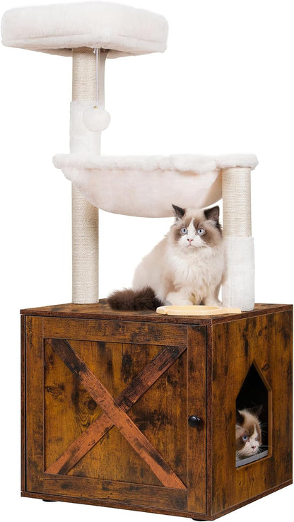 Hey-Brother Cat Tree Tower, Litter Box Enclosure, Food Station, MPJ100SG | 47.24 Inches Wooden All-In-One Cat House, Large Hammock, Bed, Scratching Posts, Modern Style for Indoor Cats, Rustic Gray10