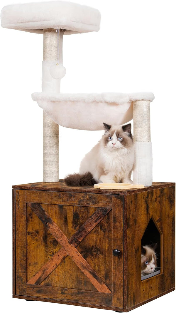 Hey-Brother Cat Tree Tower, Litter Box Enclosure, Food Station, MPJ100SG | 47.24 Inches Wooden All-In-One Cat House, Large Hammock, Bed, Scratching Posts, Modern Style for Indoor Cats, Rustic Gray10