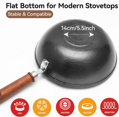 9.5 Inch Small Cast Iron Wok with Lid - Handcrafted Tortoise Shell Texture Uncoated Stir Fry Pan, Flat Bottom Wok for Electric, Induction & Gas Stoves, 2.5 Quart (Requires Seasoning)8