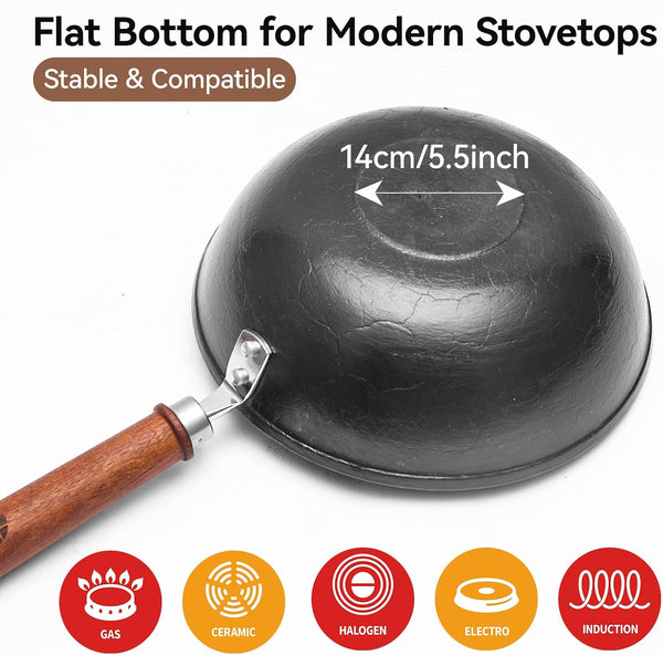 9.5 Inch Small Cast Iron Wok with Lid - Handcrafted Tortoise Shell Texture Uncoated Stir Fry Pan, Flat Bottom Wok for Electric, Induction & Gas Stoves, 2.5 Quart (Requires Seasoning)8