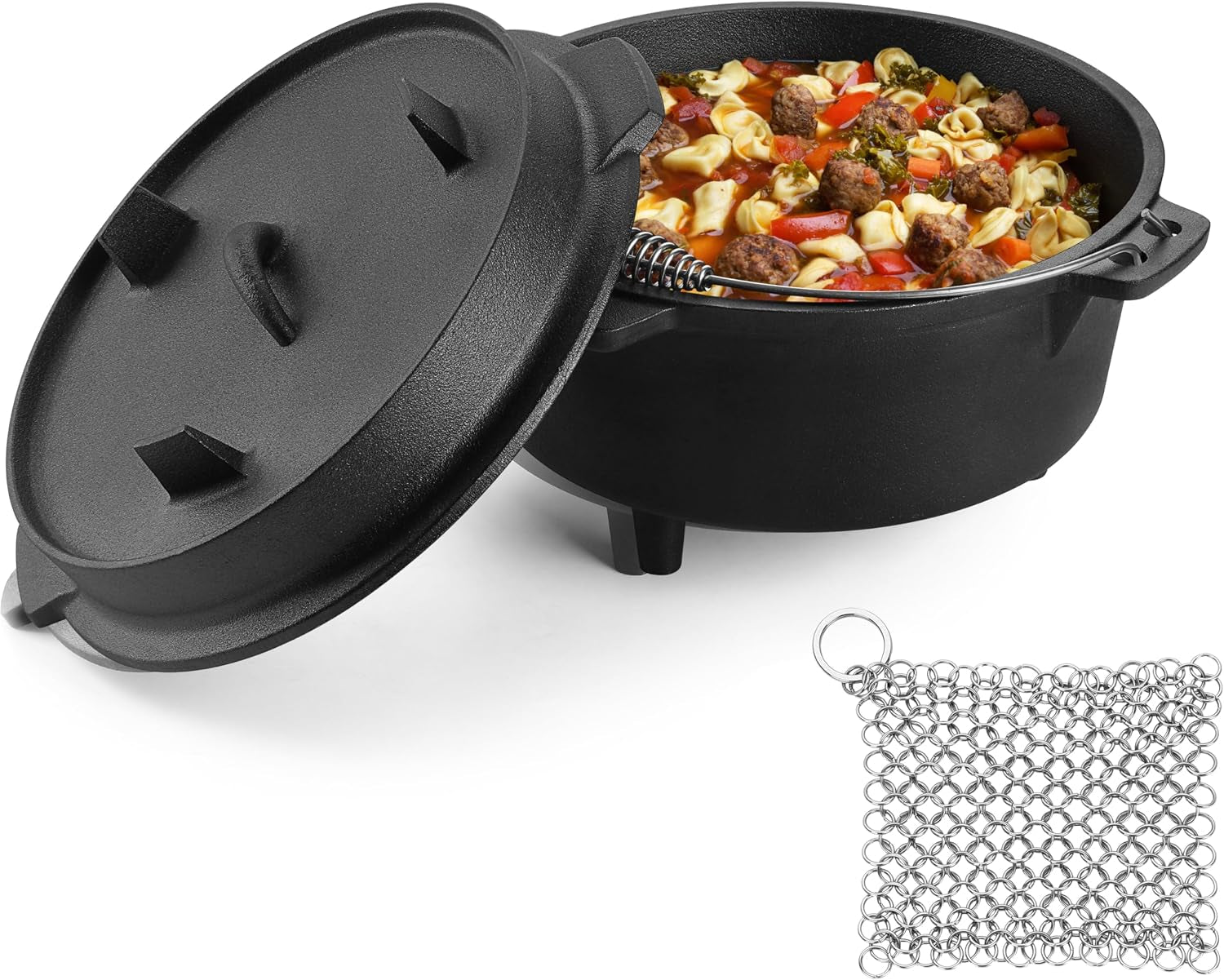 5qt-cast-iron-dutch-oven-with-stainless-steel-scrubber-2-in-1-pre-seasoned-camping-pot-heavy-duty-campfire-pot-with-feet-for-outdoor-stovetop-griddle-cooking-baking-roasting-stewing