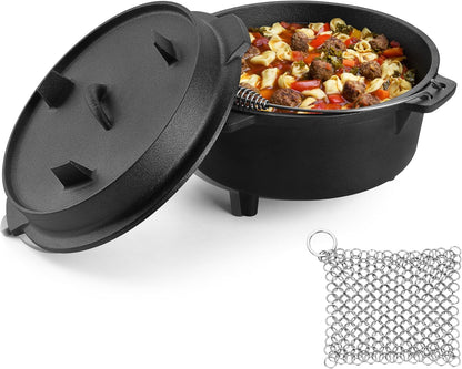 5QT Cast Iron Dutch Oven with Stainless Steel Scrubber,  2-In-1 Pre-Seasoned Camping Pot, Heavy Duty Campfire Pot with Feet for Outdoor Stovetop Griddle Cooking Baking Roasting Stewing1
