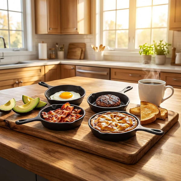 4 Pack Mini Cast Iron Skillet, 4" Small Frying Pans with Double Drip-Spouts for Stove, Oven, Grill Safe, Indoor and Outdoor Use, Non-Stick7