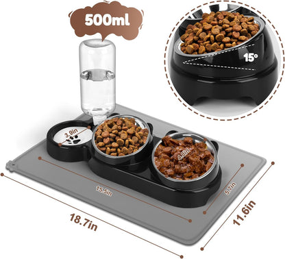 Cat Food and Water Bowl Set, Stainless Steel Raised Cat Bowls with Automatic Water Bottle & Waterproof Mat for Cats/Puppies, 3 in 1 Pet Feeding Station for Wet/Dry Food, Black2
