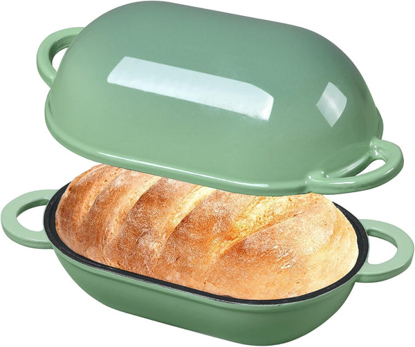 5 QT Enameled Cast Iron Sourdough Bread Oven, Loaf Pan with Lid | Oval Dutch Oven for Homemade Sourdough Bread Baking, Oven Safe up to 500°F, Meatloaf Pan with Dome Lid, Fig Green1