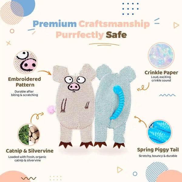 Cat Toys for Indoor Cats, 2 PCS 8000Mg A+Natural Catnip Silvervine Crinkle Interactive Cat Toy Pig with Bell Elastic Tail, Baby-Grade Plush Chew Toy for Teeth Cleaning, Cat Kickers for Boredom6