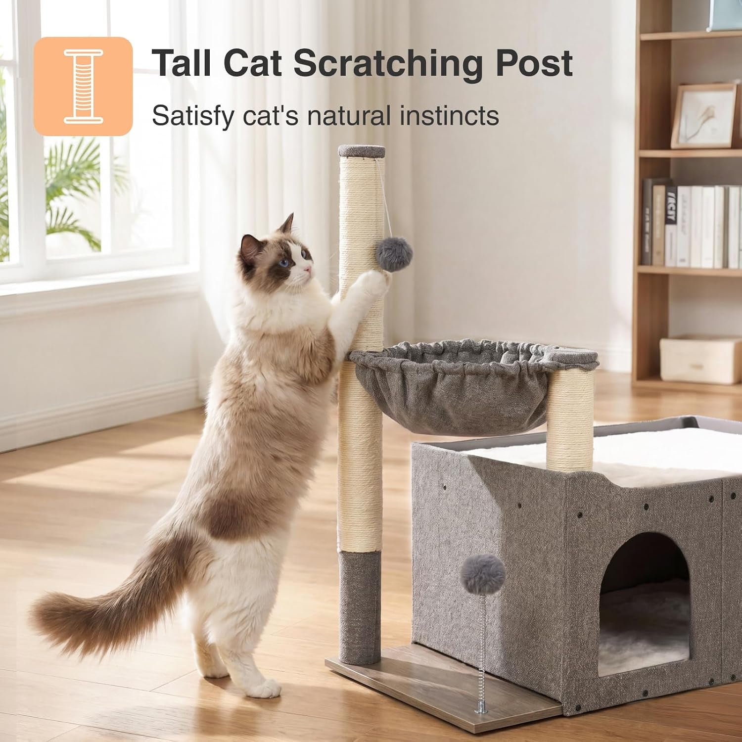 veehoo-extra-large-cat-house-bed-for-indoor-cats-29x16x31-9-sturdy-condo-cat-hideaway-with-scratching-post-foldable-cube-with-hammock-cave-with-2-plush-interactive-balls-for-multiple-cats-gray