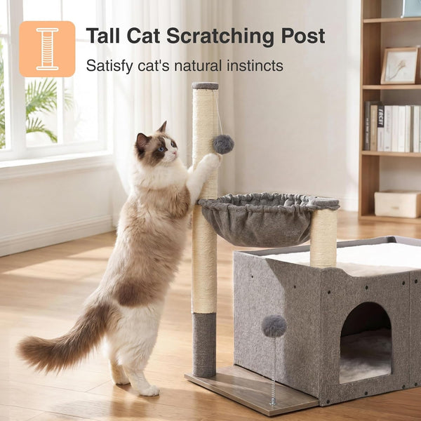 Veehoo Extra Large Cat House Bed for Indoor Cats, 29X16X31.9 Sturdy Condo | Cat Hideaway with Scratching Post, Foldable Cube with Hammock, Cave with 2 Plush Interactive Balls for Multiple Cats, Gray5