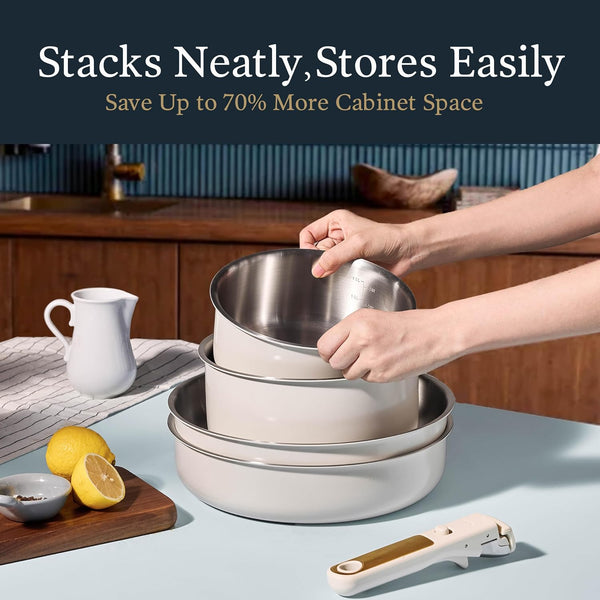 21Pcs Tri-Ply Stainless Steel Cookware Set with Detachable Handle | Pots and Pans Set, Even Heating, Non-Toxic, Induction Compatible, Dishwasher& Oven Safe, Space Saving, Camping Cooking, White5
