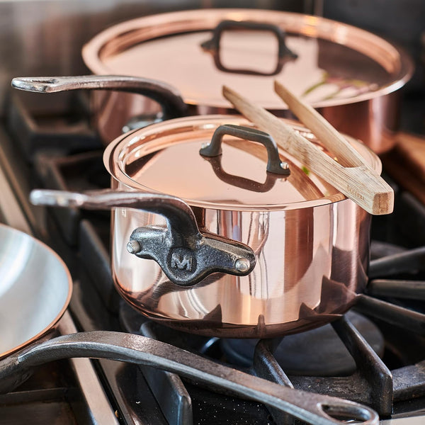 M'Heritage 150 CI 1.5Mm Polished Copper & Stainless Steel Deluxe 3-Piece Cookware Set, with Sauce Pan with Lid, 1.8-Qt and Frying Pan 7.8-In, Cast Iron Handles, Made in France2
