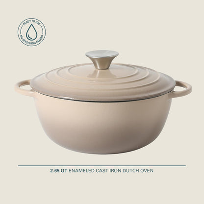 Addlestone 2.65 Qt Enameled Cast Iron Dutch Oven Pot with Lid – Round, Oven Safe to 500°F, Ideal for Bread Baking & Stews - Gradient Taupe2