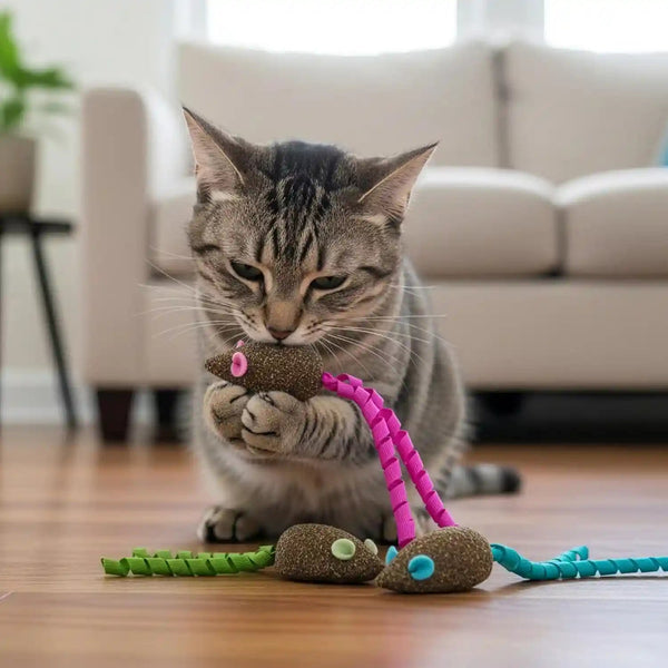 Smartykat Magic Mice Compressed Catnip and Ribbon Cat Toys, Mess-Free for Hunting & Batting Fun for Cats & Kittens, Set of 37