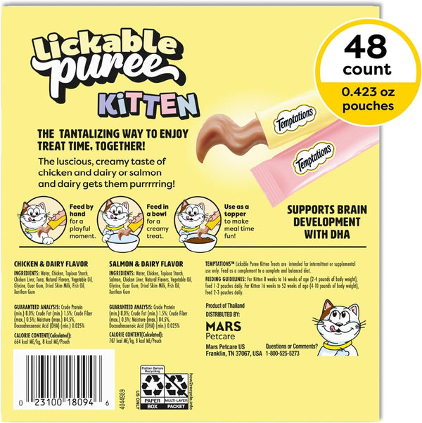 Temptations Lickable Puree Kitten Cat Treats, Chicken & Salmon, 48 Count | Chicken & Salmon, DHA Supports Brain Development, High Moisture for Hydration, under 15 Cal/Pouch, No Added Sugar or Fillers2